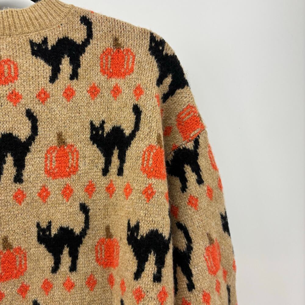 Vince Camuto Medium Womens Sweater Black Cat Pumpkin Halloween Crewneck Fall - Picture 12 of 13